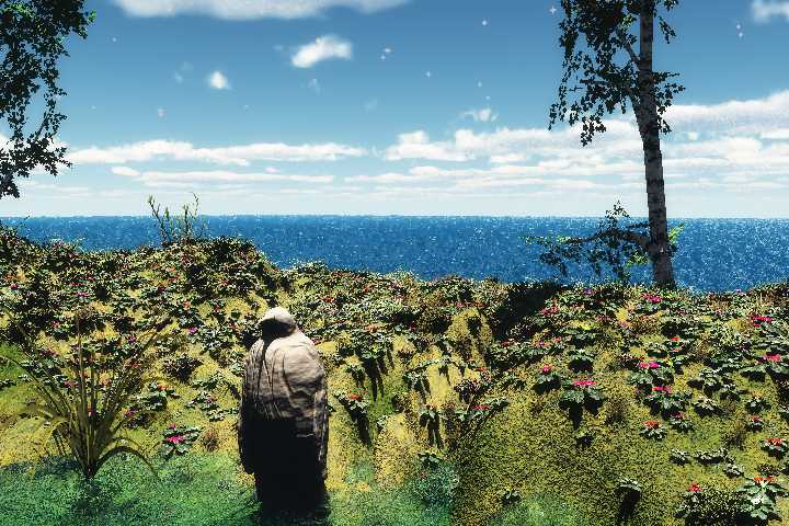 Image du paysage d’une le surrelle et de la  statue de pierre d’un pingouin en partie submerge dans l’eau.