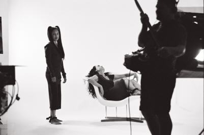 Production shot 2: Photo of the two main actresses and production staff during the shooting of The Patient Storm